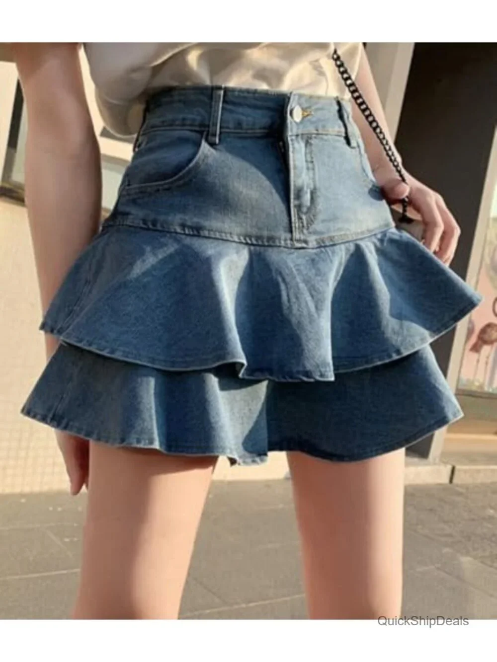 High Waisted Tiered Ruffle Denim Mini Skirt A-Line Skater Short Skort